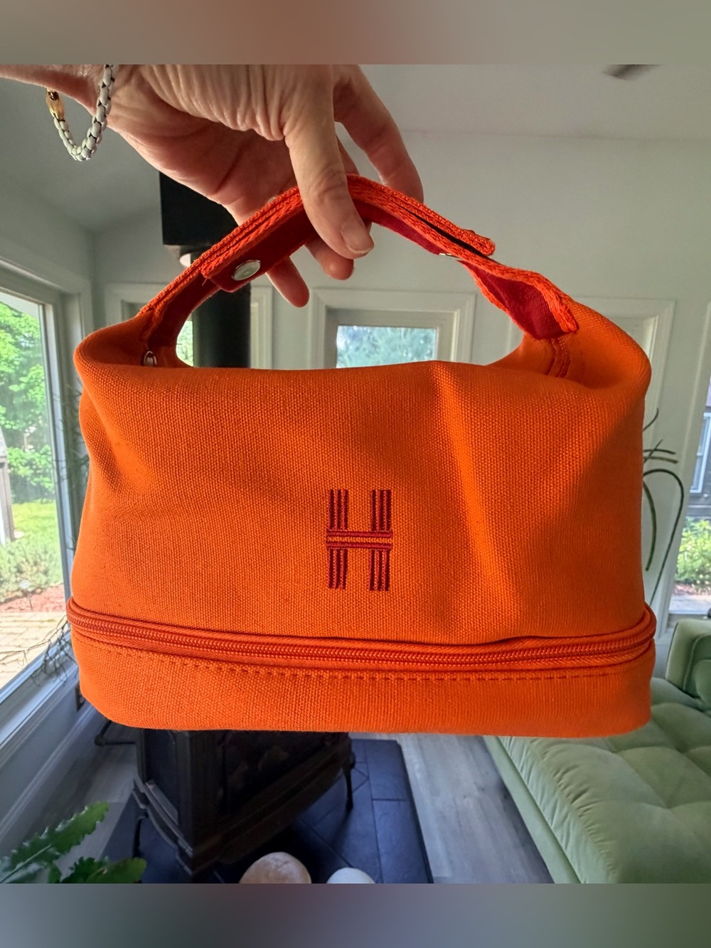 Fashion Hermes Orange & Red Cosmetic Case/Bag w Dual Compartments/Brush Section